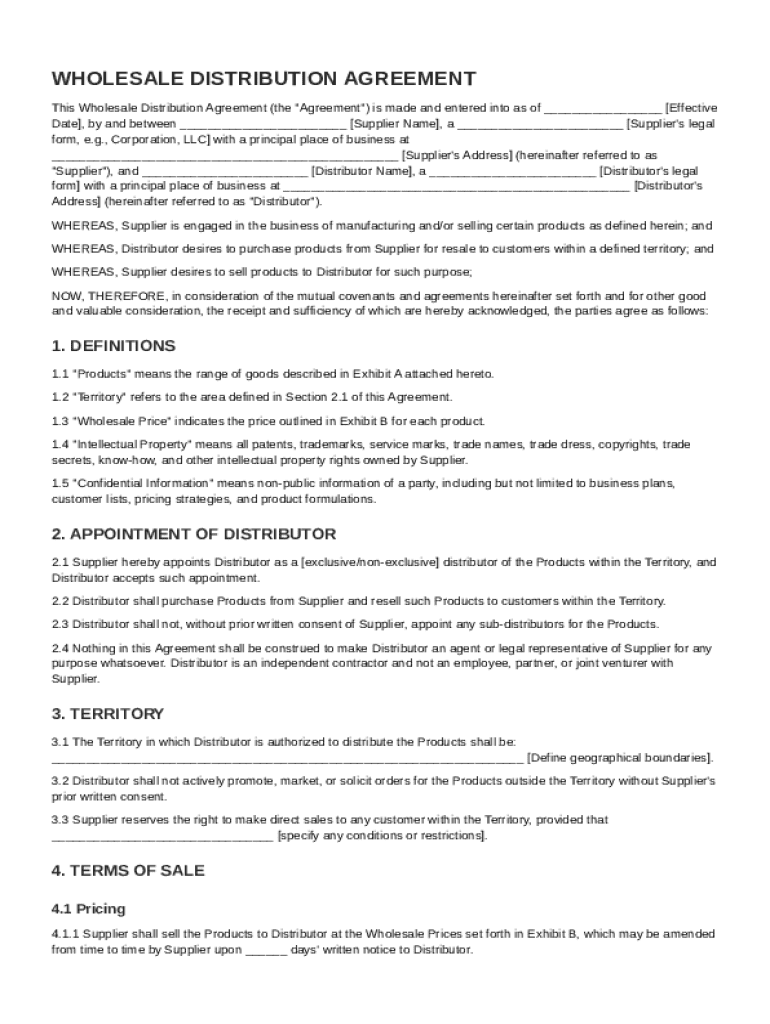 Wholesale Distribution Agreement Template Preview on Page 1