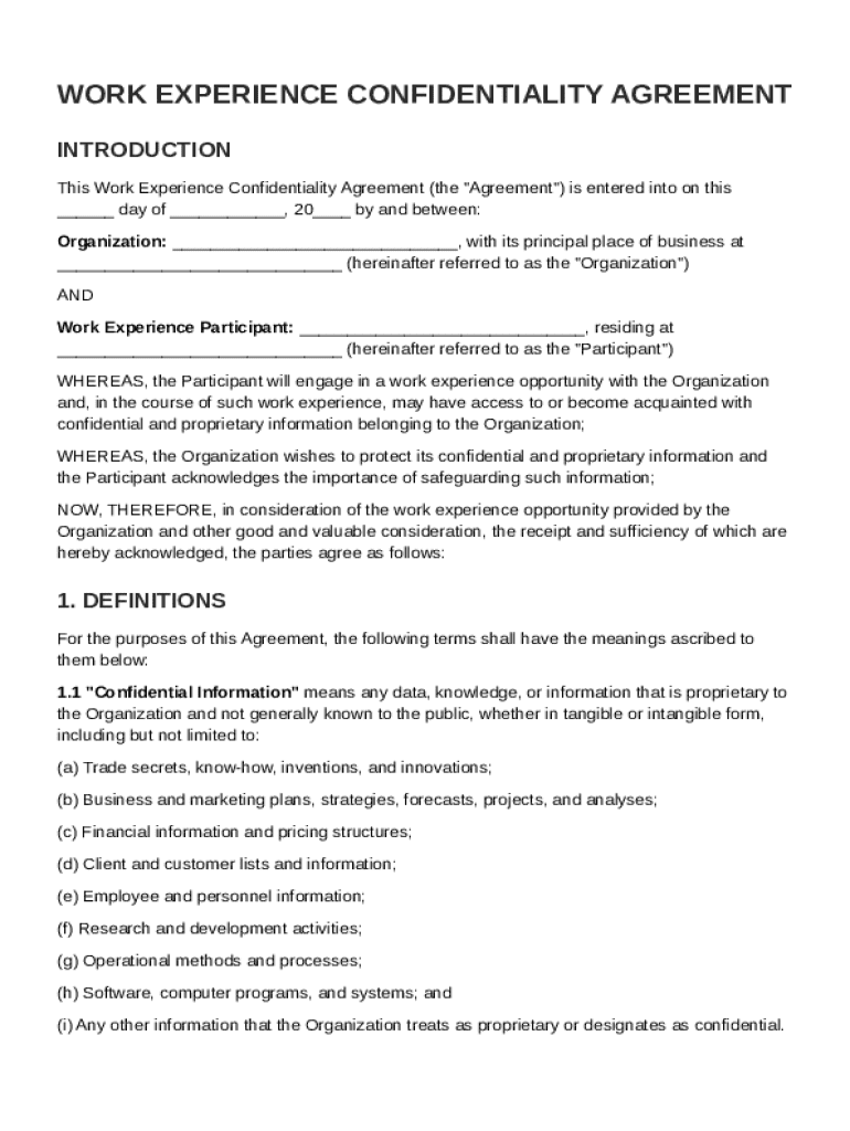 Work Experience Confidentiality Agreement Template Preview on Page 1