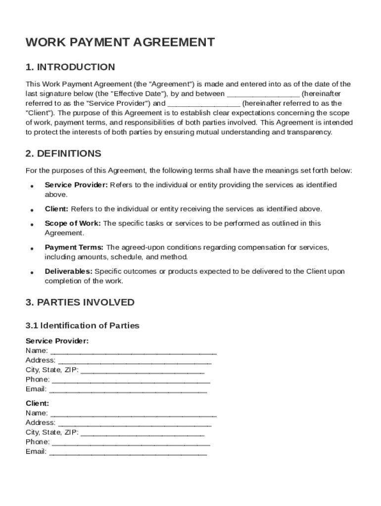 Work Payment Agreement Template Preview on Page 1