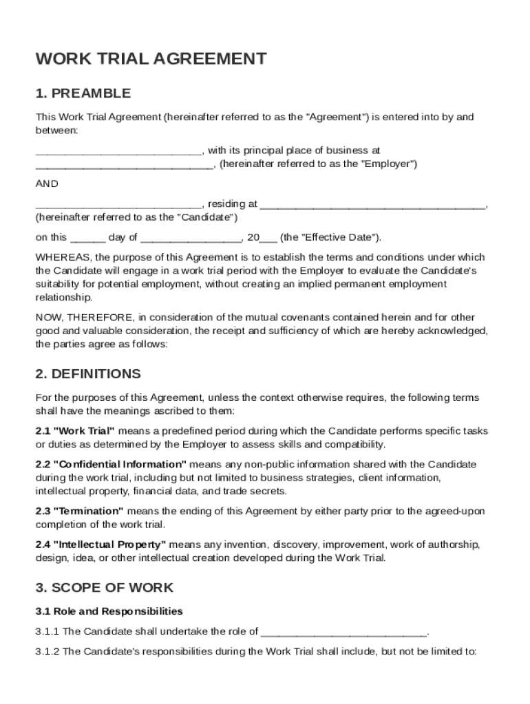Work Trial Agreement Template Preview on Page 1