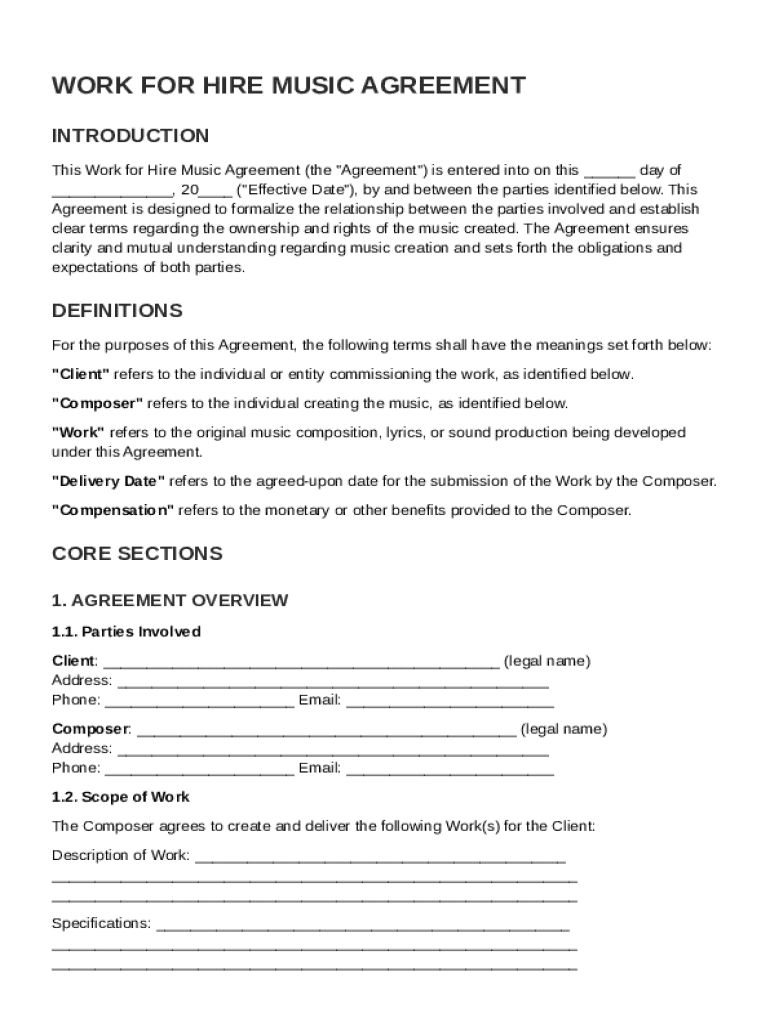 Work for Hire Music Agreement Template Preview on Page 1