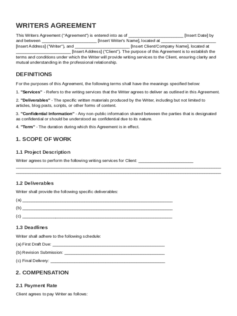 Writers Agreement Template Preview on Page 1