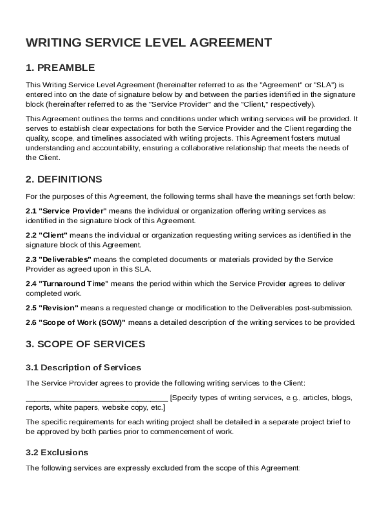 Writing Service Level Agreement Template Preview on Page 1