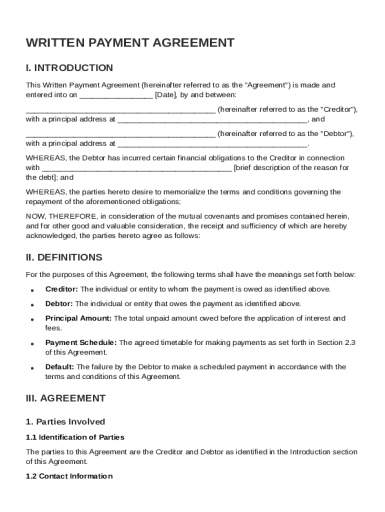 Written Payment Agreement Template Preview on Page 1