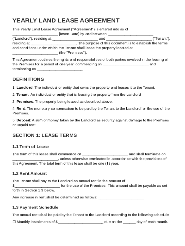 Yearly Land Lease Agreement Template Preview on Page 1