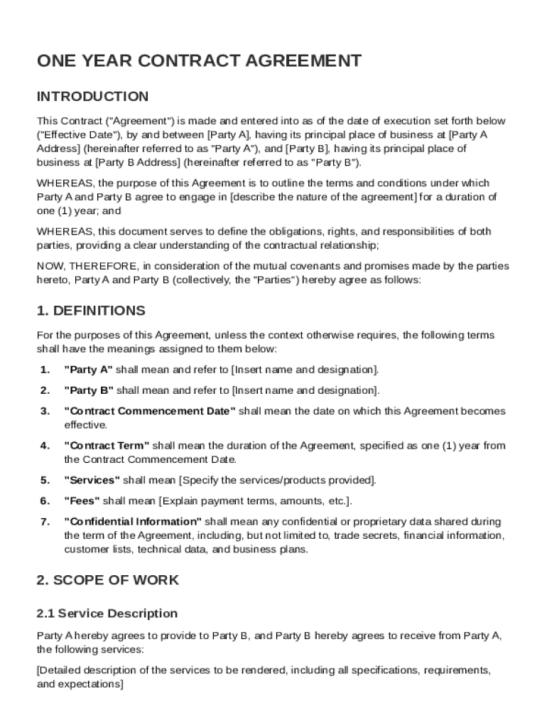 1 Year Contract Template Preview on Page 1