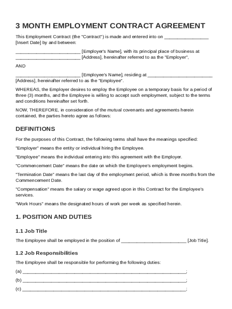 3 Month Employment Contract Template Preview on Page 1