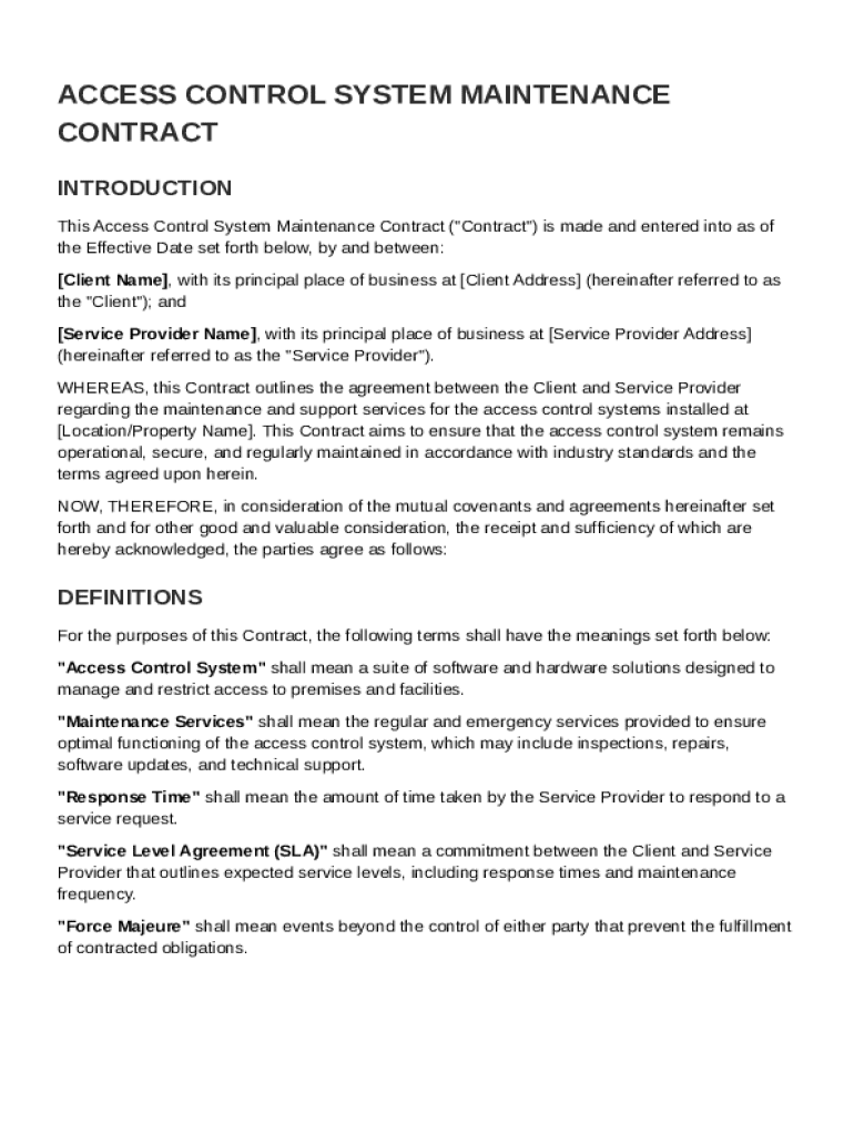 Access Control System Maintenance Contract Template Preview on Page 1