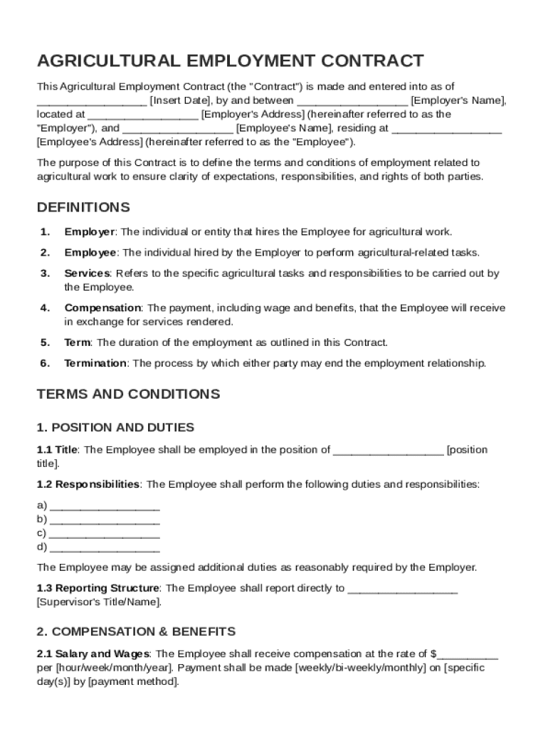 Agricultural Employment Contract Template Preview on Page 1