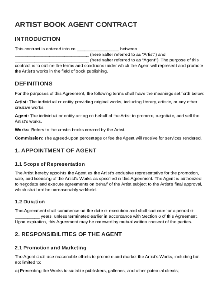 Artist Book Agent Contract Template Preview on Page 1