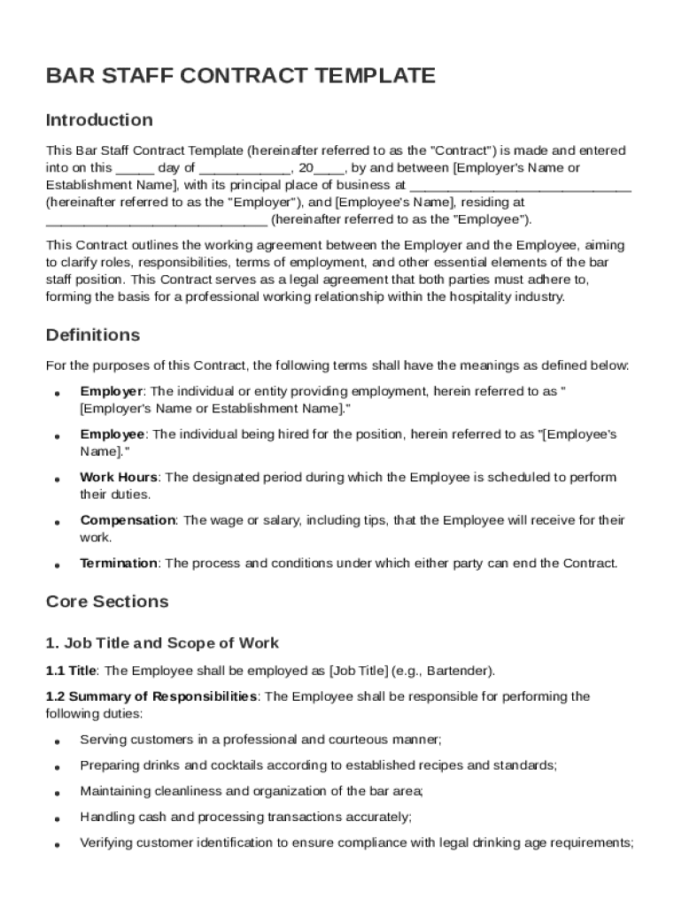 Bar Staff Contract Template Preview on Page 1