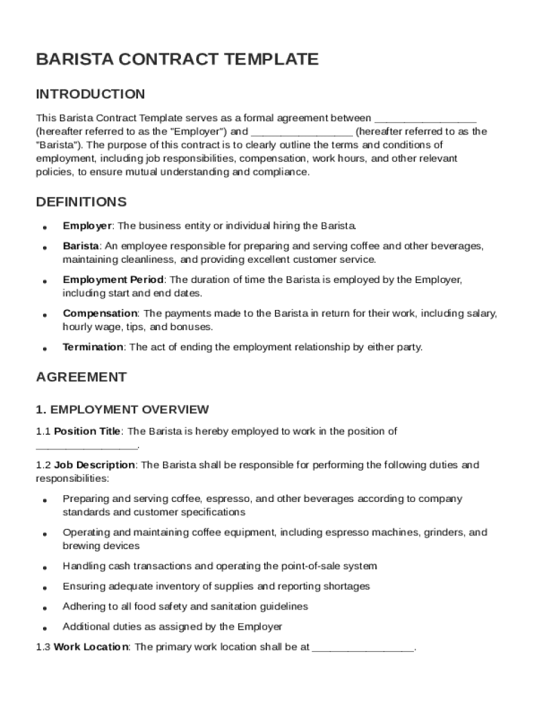 Barista Contract Template Preview on Page 1
