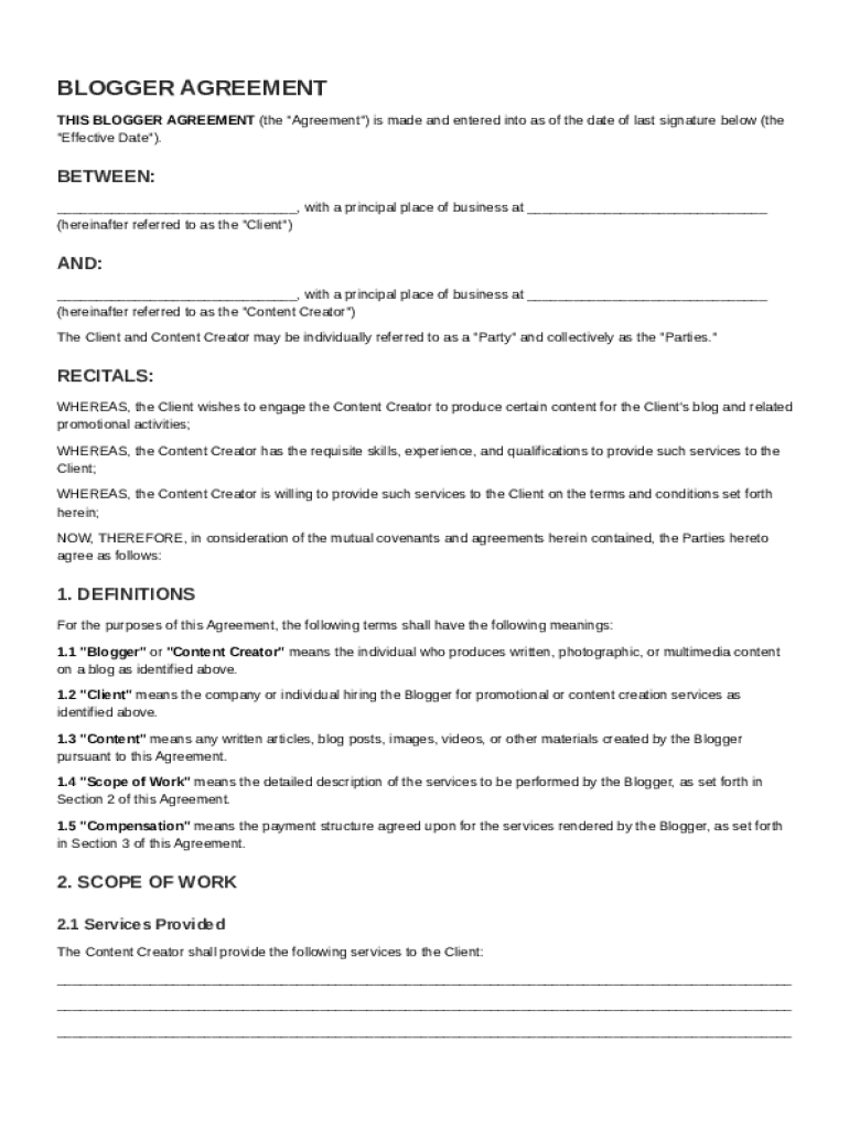 Blogger Contract Template Preview on Page 1