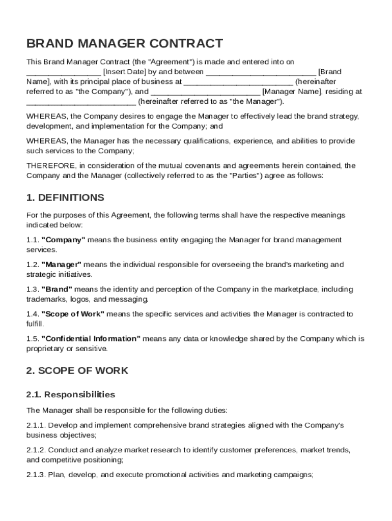 Brand Manager Contract Template Preview on Page 1