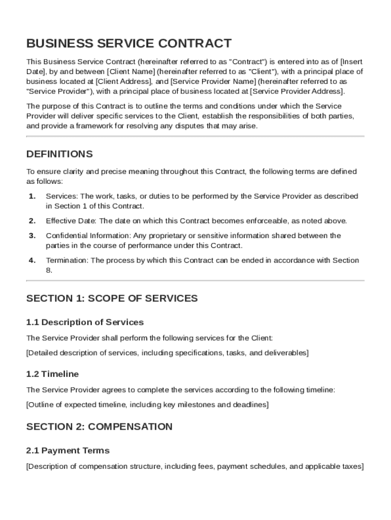 Business Service Contract Template Preview on Page 1
