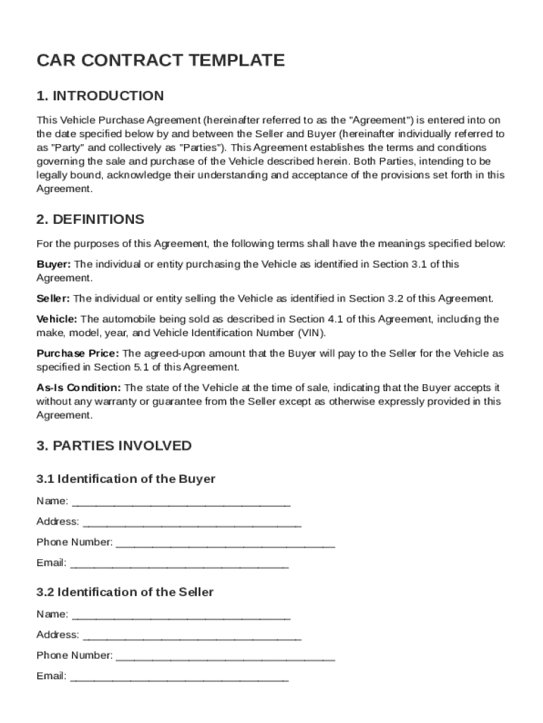 Car Contract Template Preview on Page 1