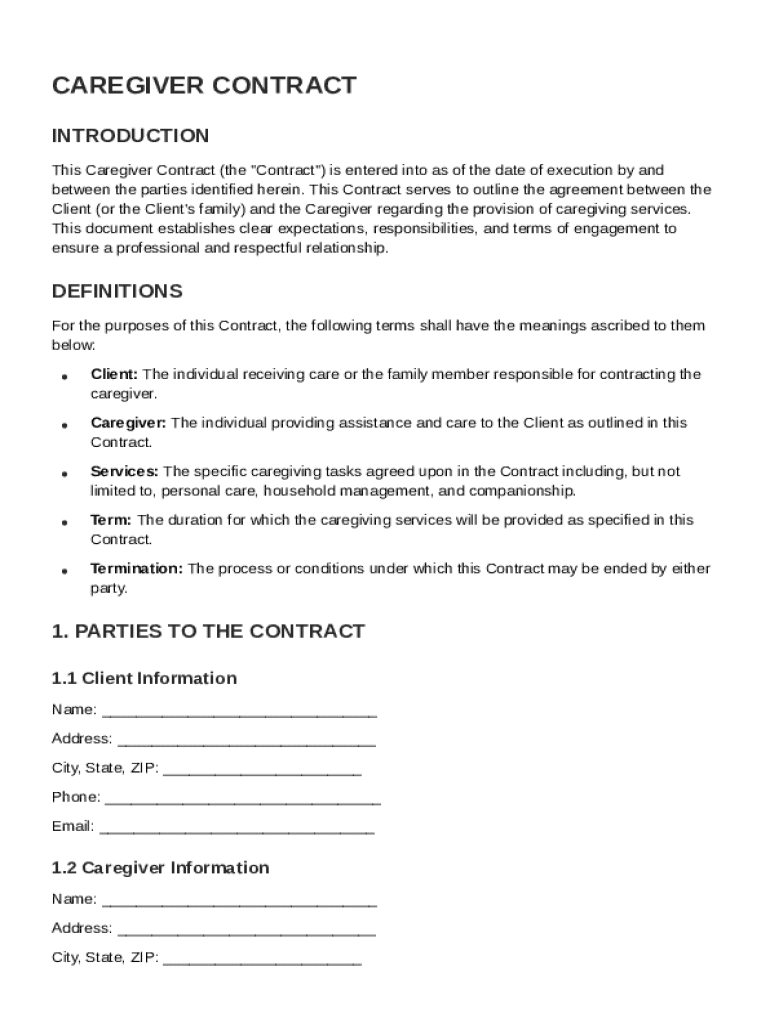 Caregiver Caregiver Contract Template Preview on Page 1