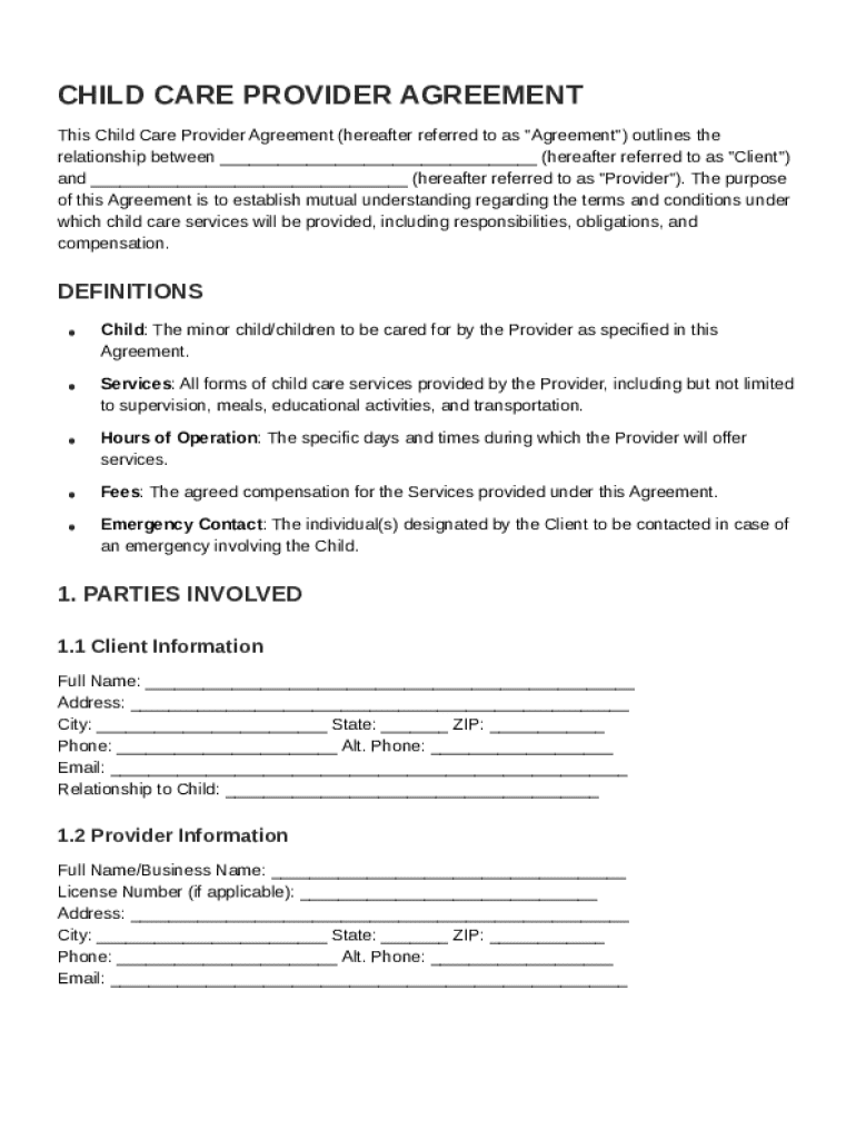 Child Care Provider Contract Template Preview on Page 1