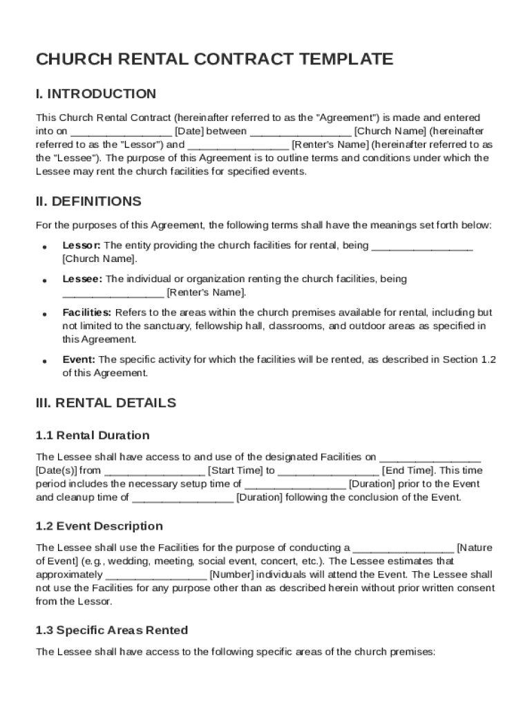 Church Rental Contract Template Preview on Page 1