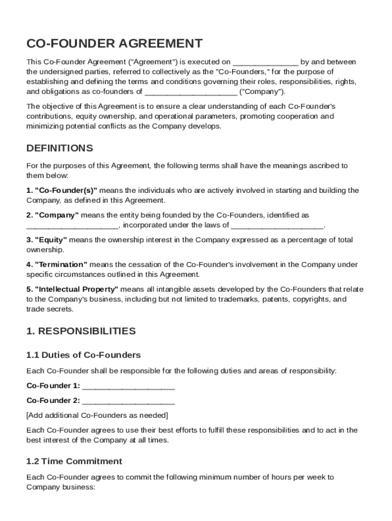 Co Founder Contract Template Preview on Page 1