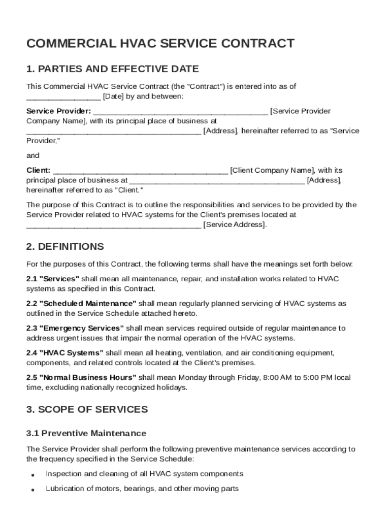 Commercial HVAC Service Contract Template Preview on Page 1