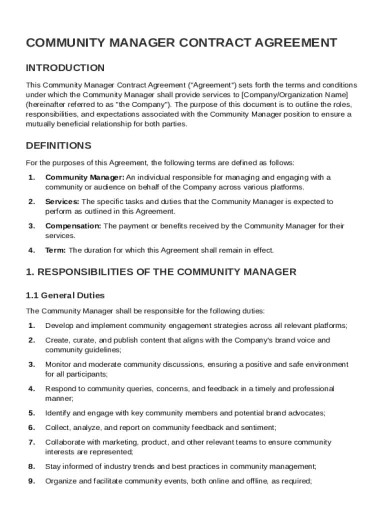 Community Manager Contract Template Preview on Page 1