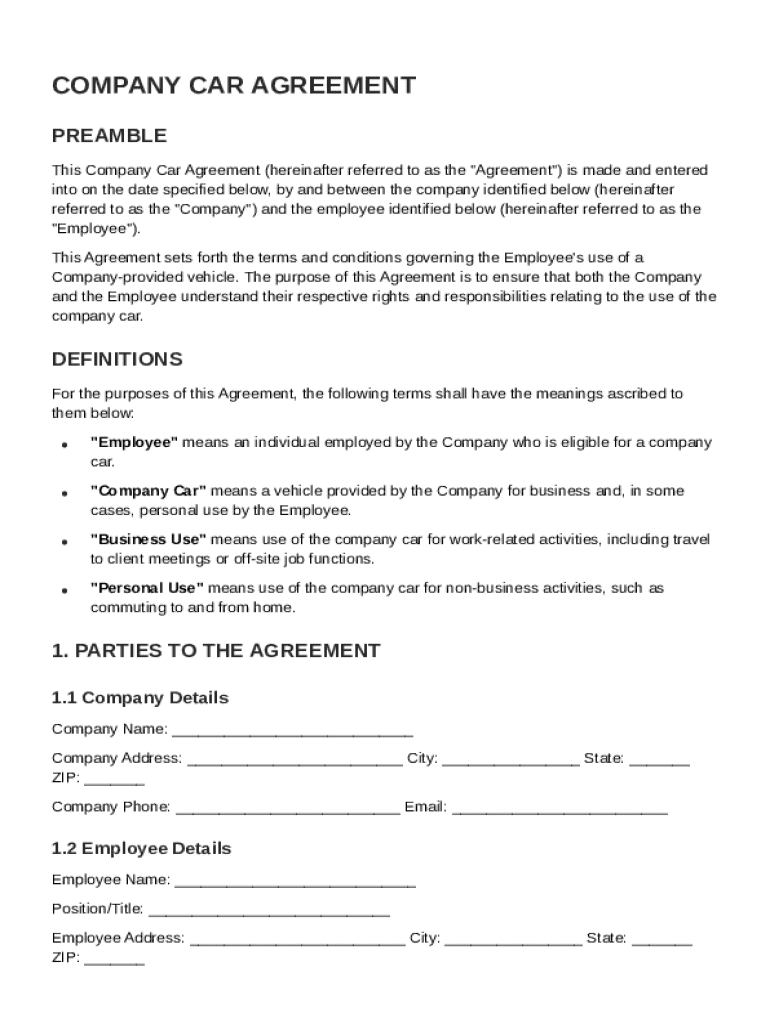 Company Car Contract Template Preview on Page 1