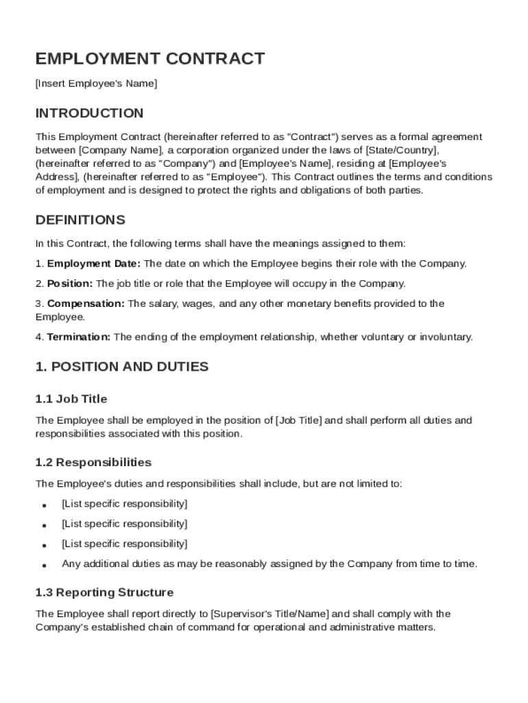 Company Employment Contract Template Preview on Page 1