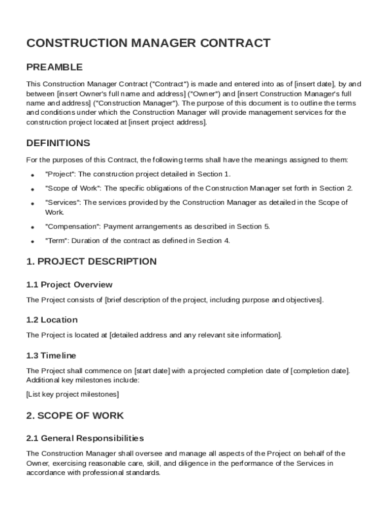 Construction Manager Contract Template Preview on Page 1