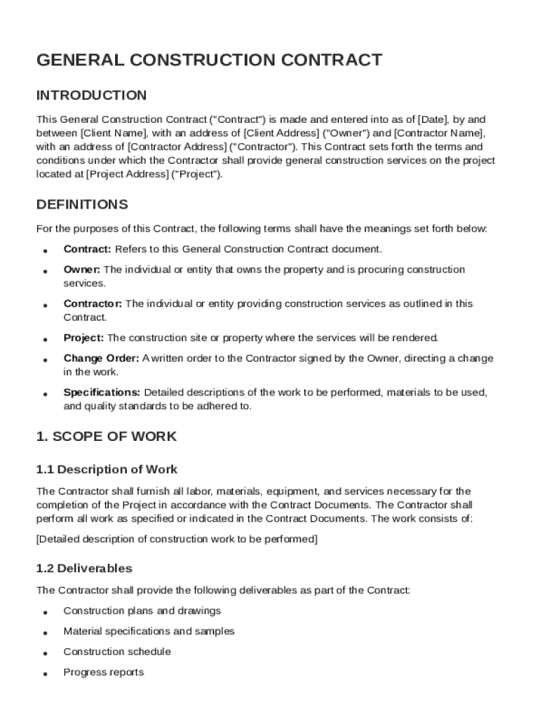Construction Work General Construction Contract Template Preview on Page 1