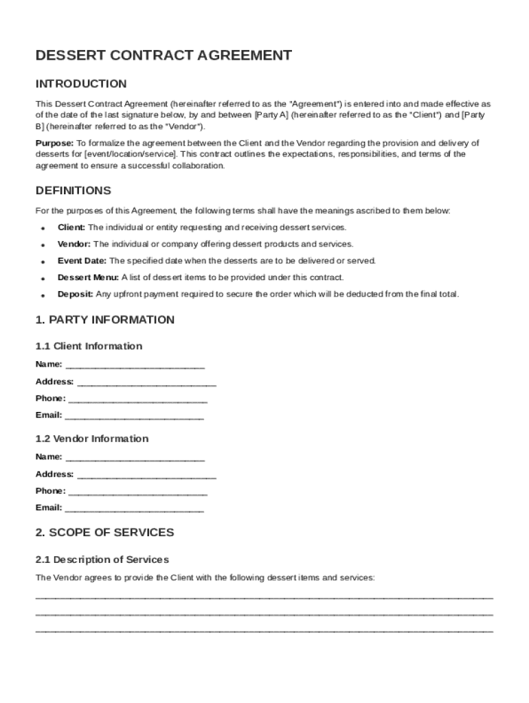Dessert Contract Template Preview on Page 1