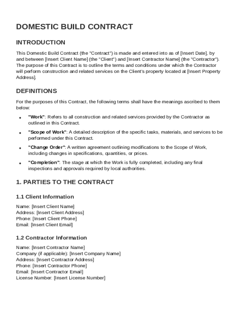 Domestic Build Contract Template Preview on Page 1