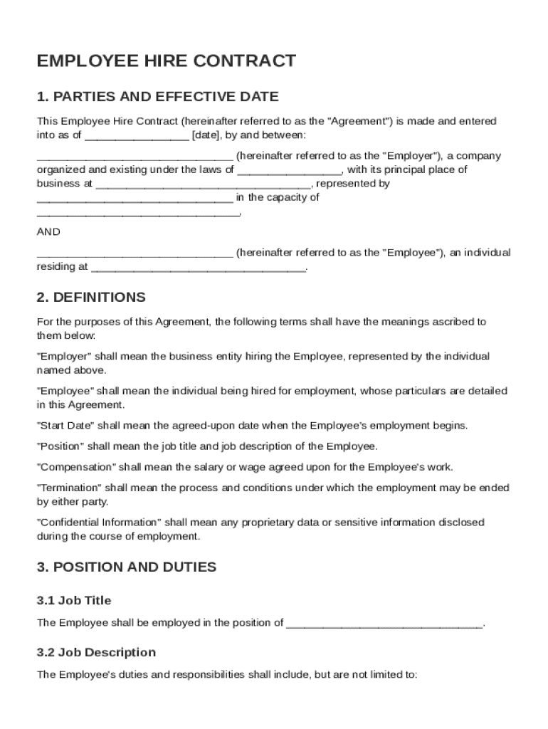 Employee Hire Contract Template Preview on Page 1