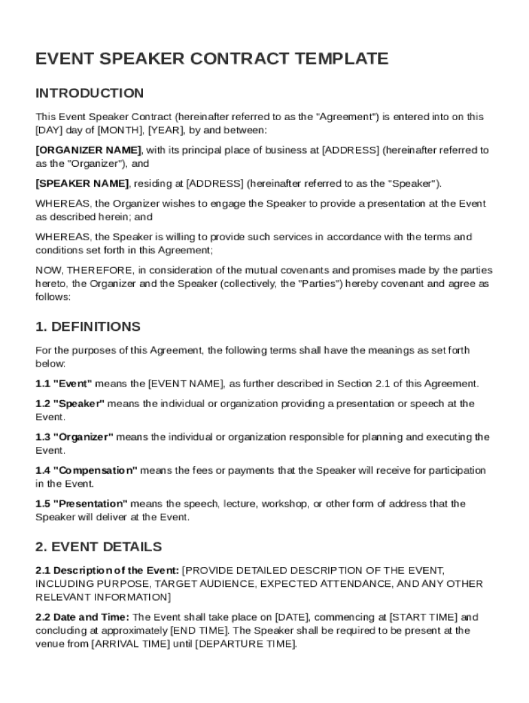 Event Speaker Contract Template Preview on Page 1