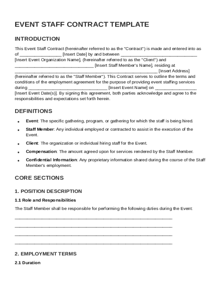 Event Staff Contract Template Preview on Page 1
