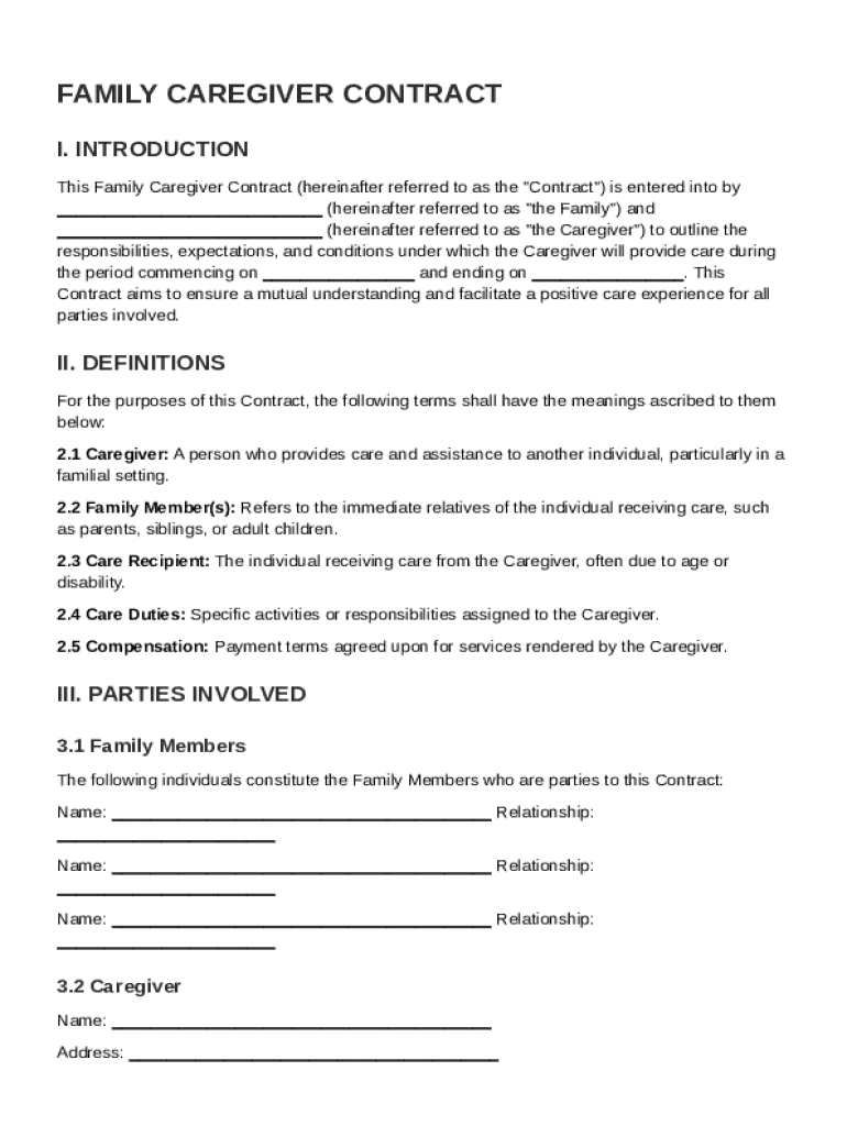Family Caregiver Contract Template Preview on Page 1