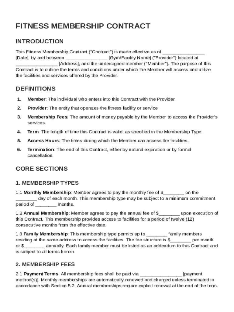 Fitness Membership Contract Template Preview on Page 1