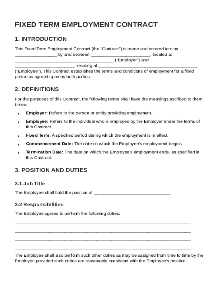 Fixed Term Of Employment Contract Template Preview on Page 1