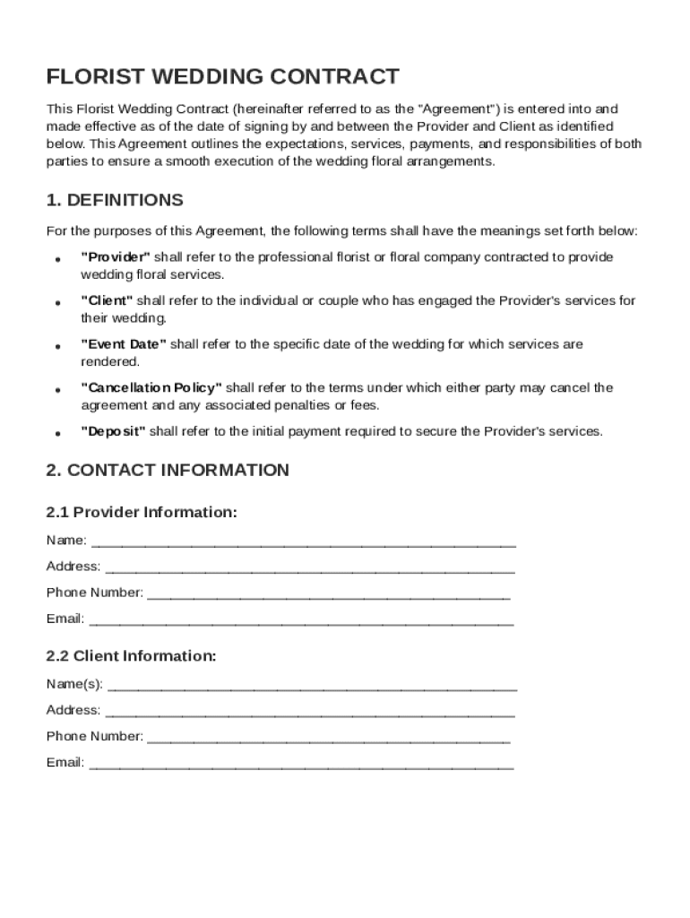 Florist Wedding Contract Template Preview on Page 1