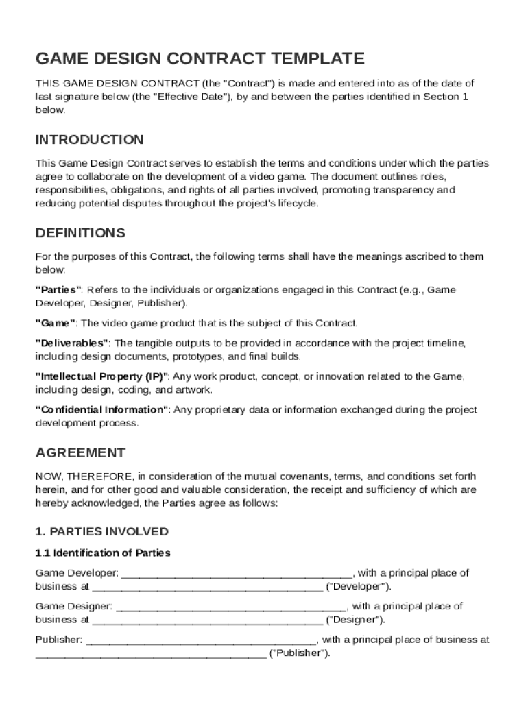 Game Design Contract Template Preview on Page 1