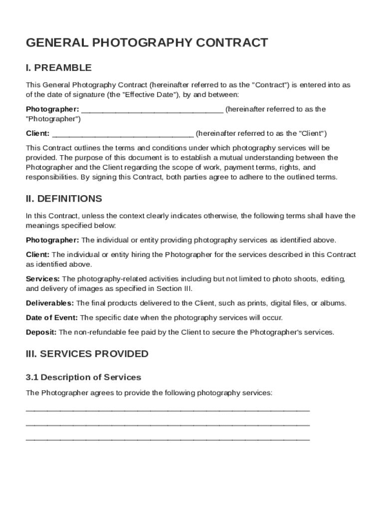 General Photography Contract Template Preview on Page 1
