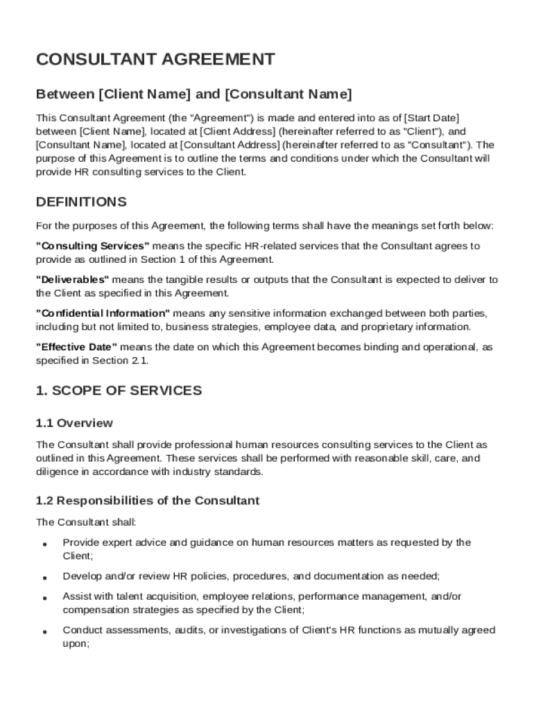 HR Consultant Contract Template Preview on Page 1
