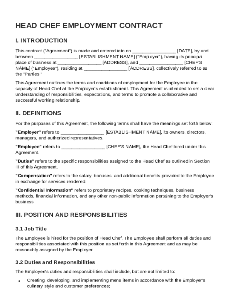 Head Chef Contract Template Preview on Page 1