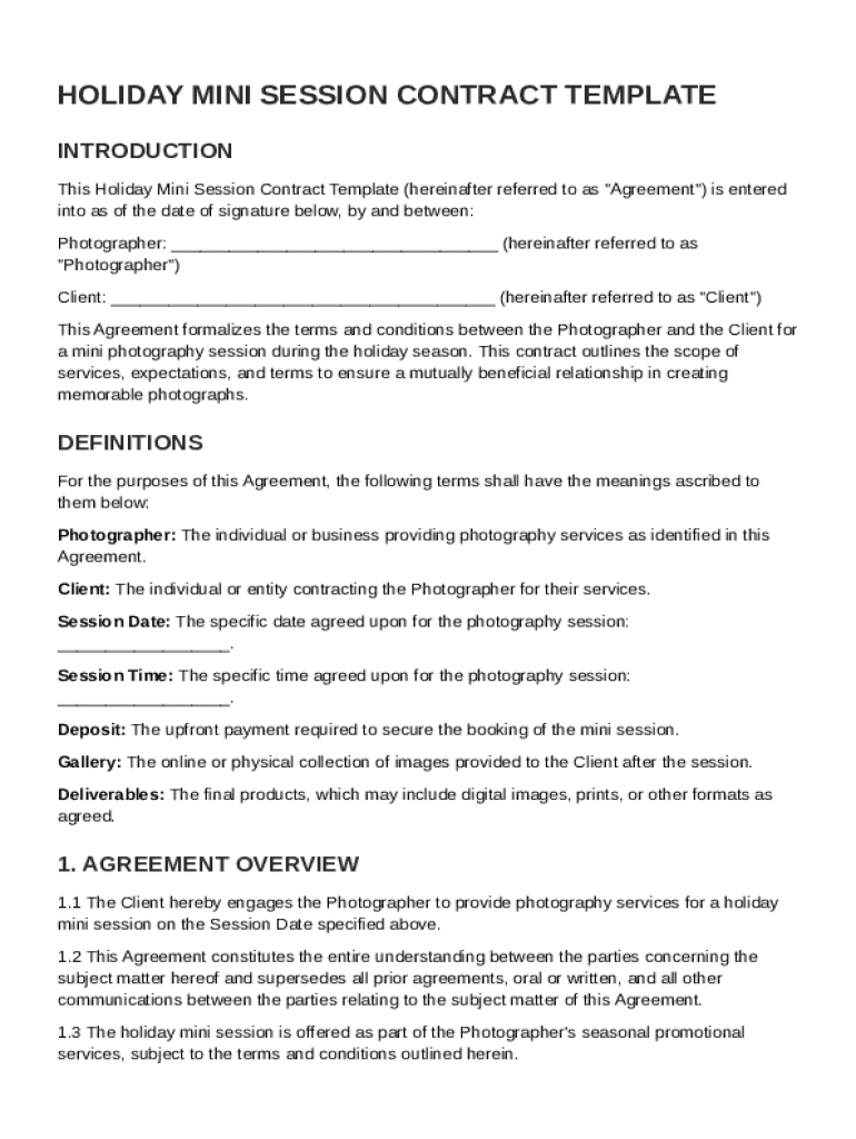 Holiday Mini Session Contract Template Preview on Page 1