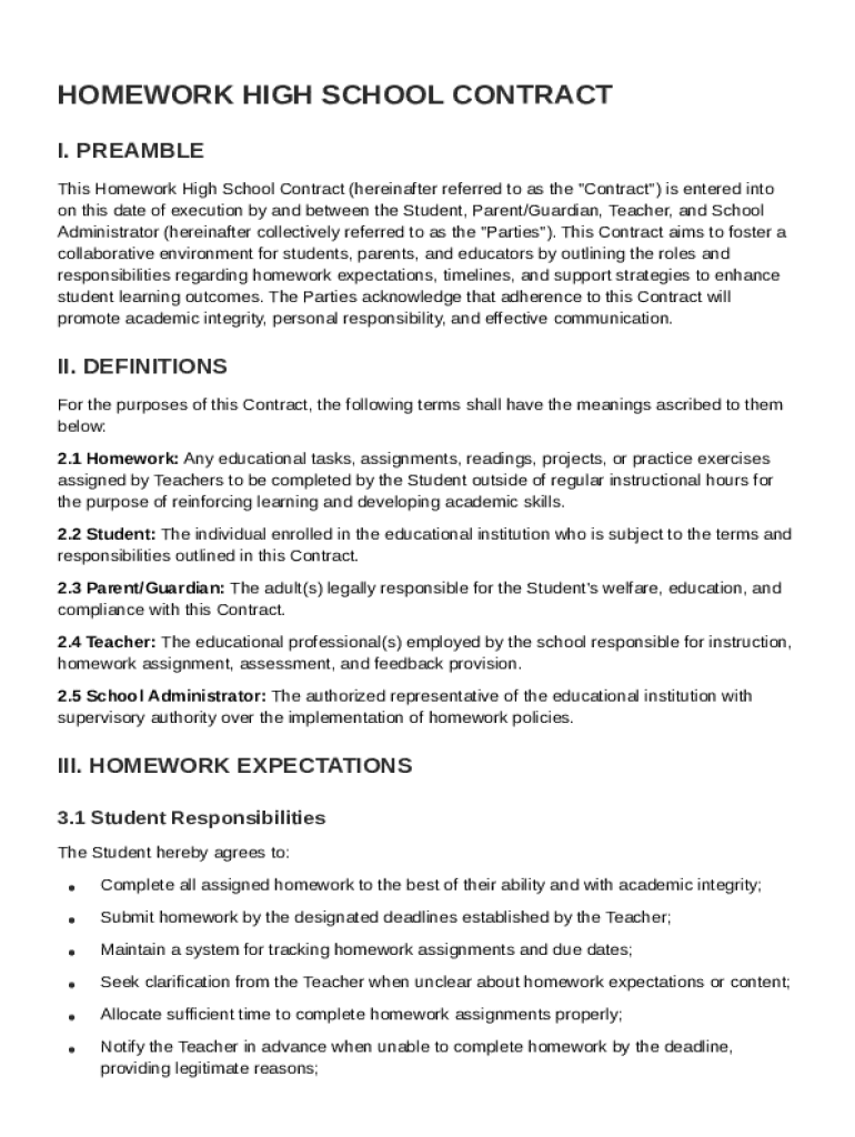 Homework High School Contract Template Preview on Page 1