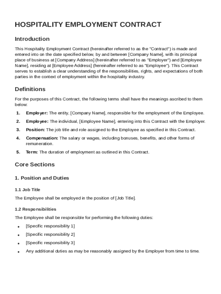 Hospitality Employment Contract Template Preview on Page 1