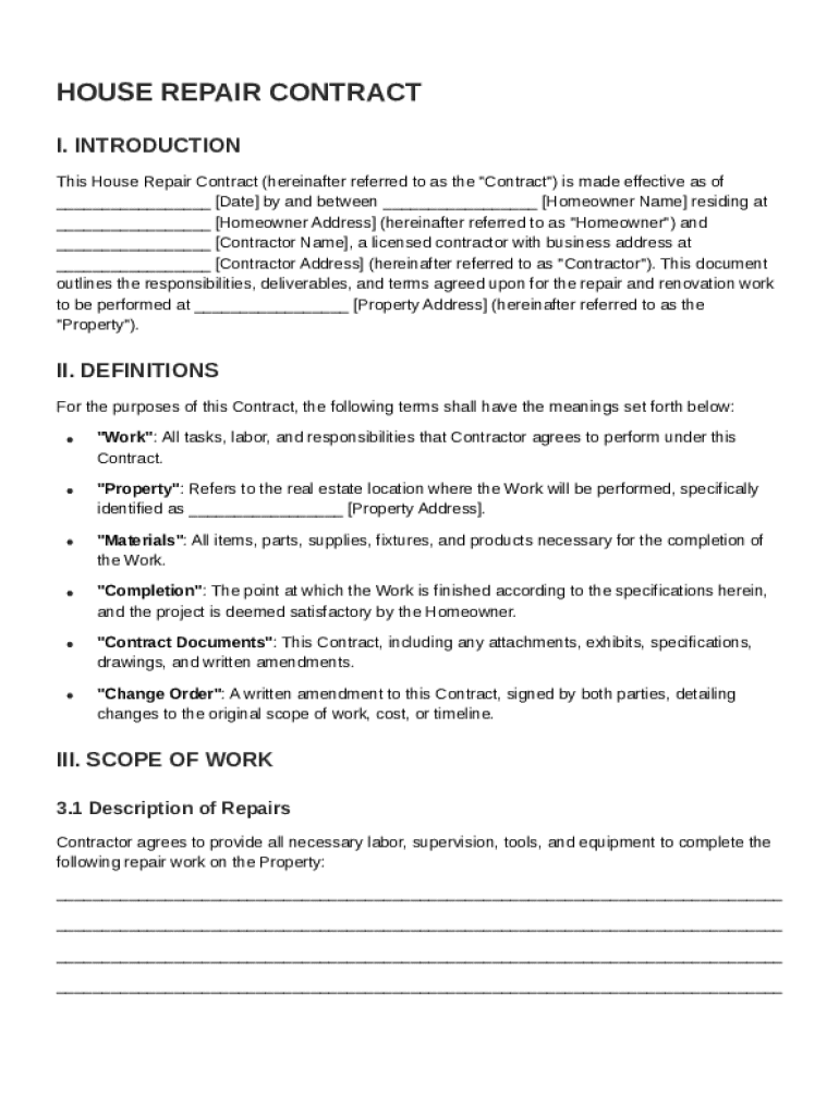 House Repair Contract Template Preview on Page 1