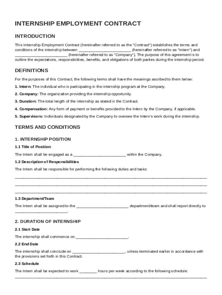 Internship Employment Contract Template Preview on Page 1