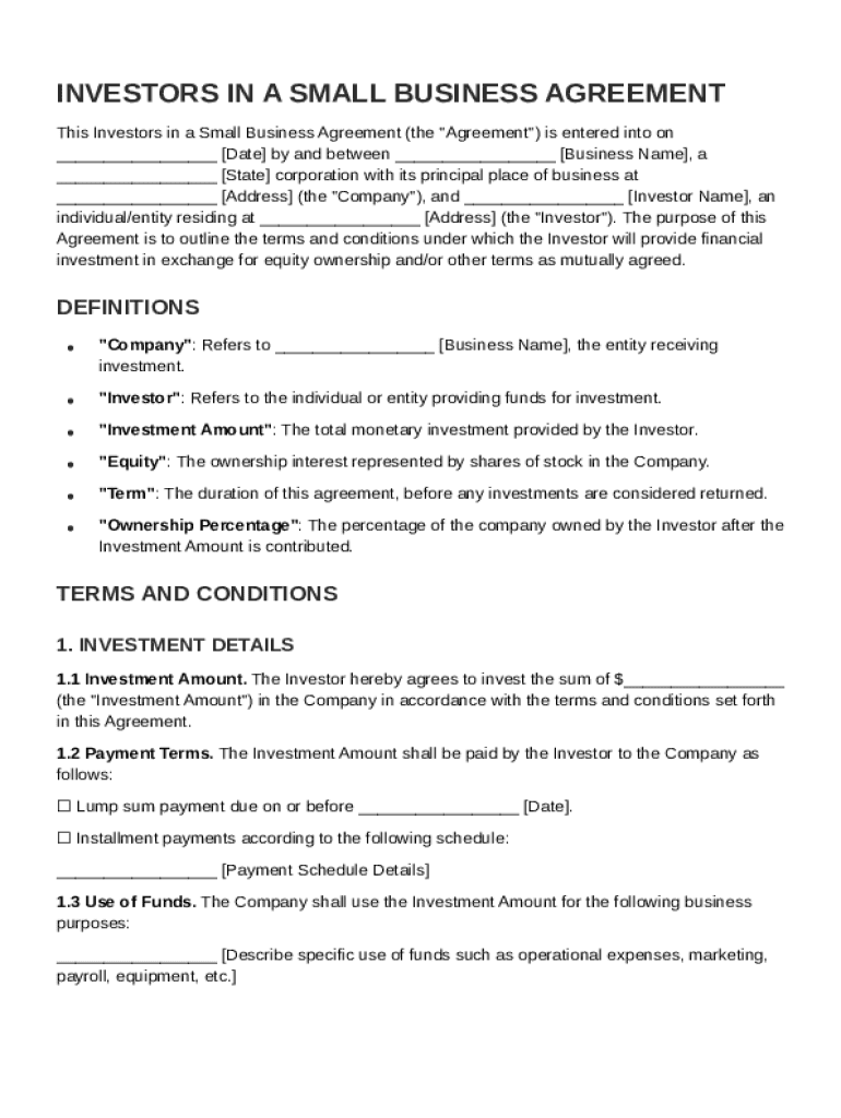 Investors In A Small Business Contract Template Preview on Page 1