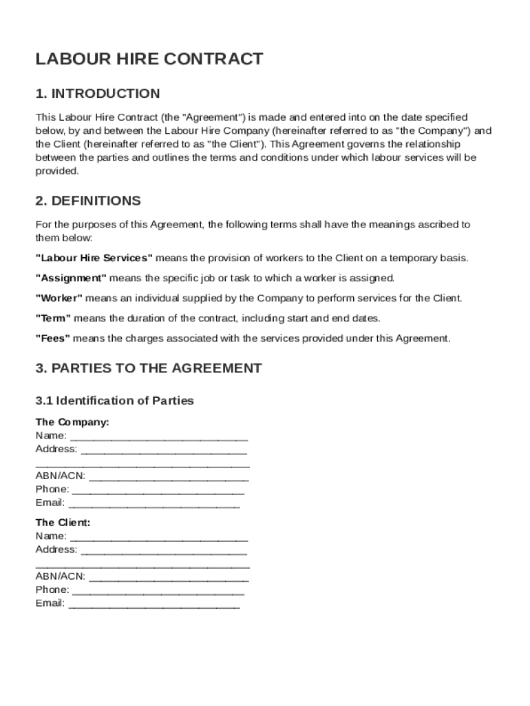 Labour Hire Contract Template Preview on Page 1
